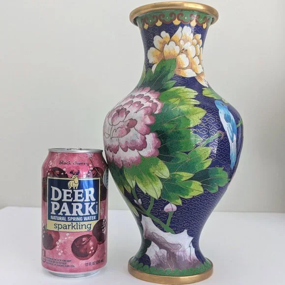 Vtg 10" Oriental Cloisonne Vase Blue Bird Dahlia Plum Royal Blue Asian Chinese - Picture 7 of 15